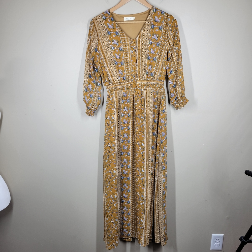 Roolee Yellow Blue Floral Stripe Midi Maxi Dress Small 3/4 Sheer Sleeves Prairie